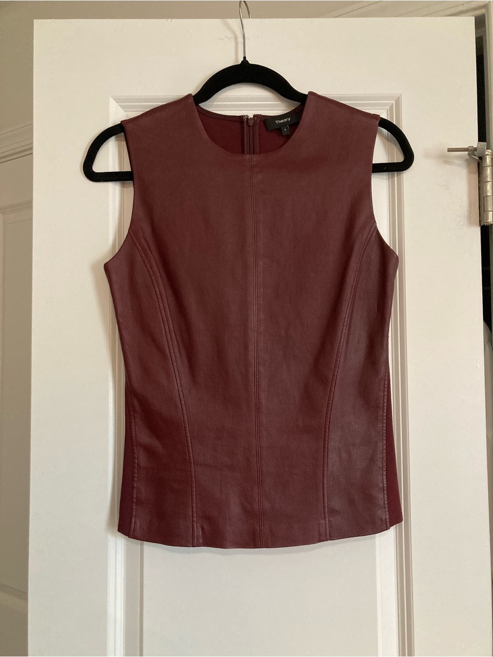NWOT Theory Wine Red Leather Modern Seamed Sleeveless Shell size S